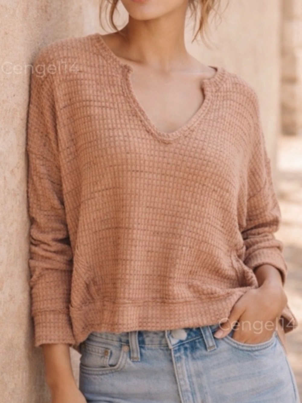 Free People Movement Waffle Knit Oversized Top Dusty Peach S NWOT